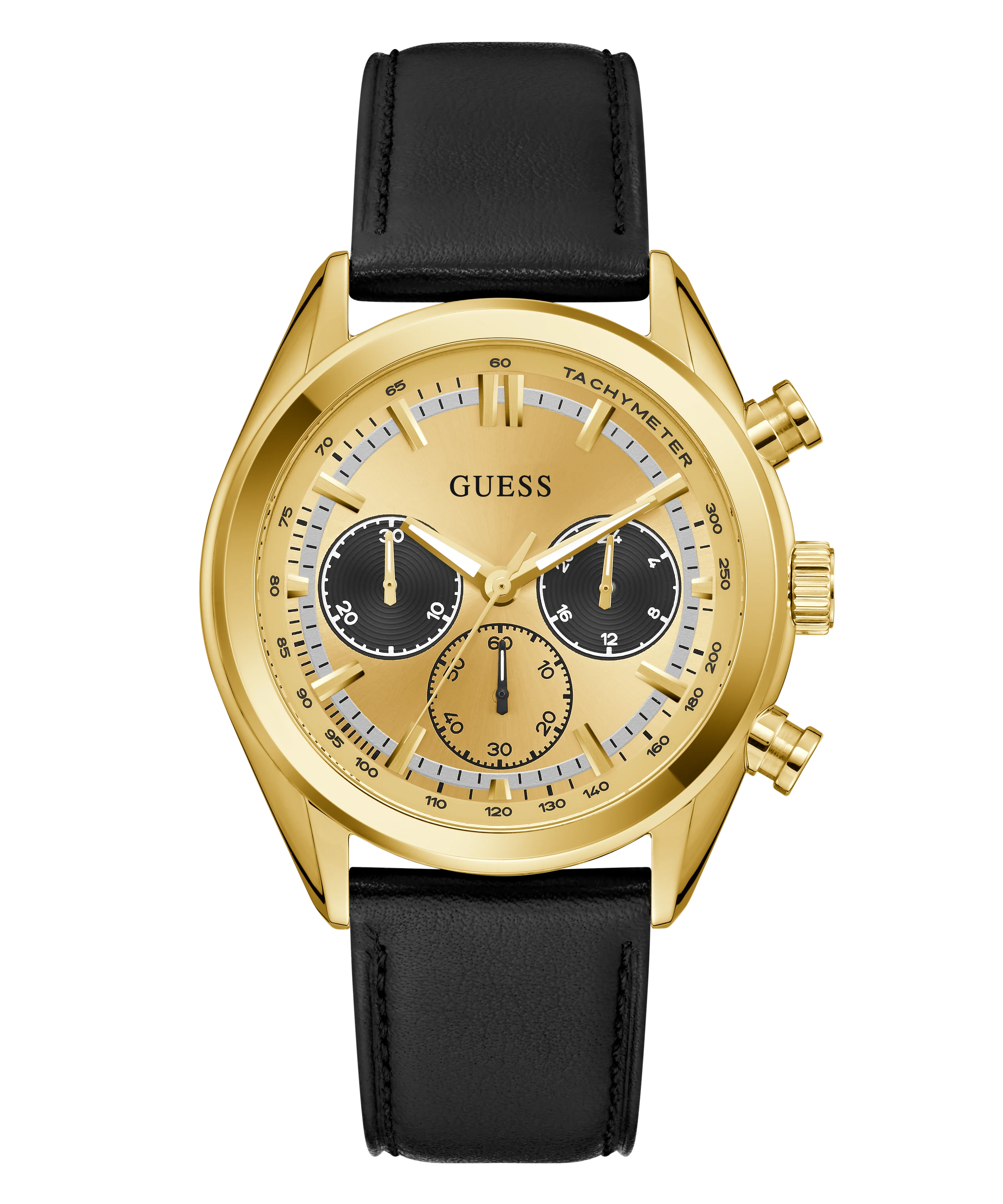 GUESS Mens Black Gold Tone Multi-function Watch
