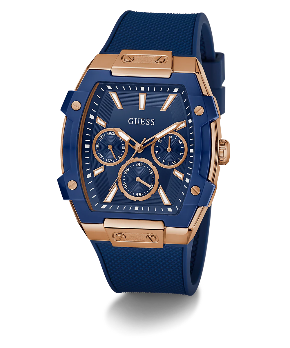 GUESS Mens Blue Rose Gold Tone Multi-function Watch