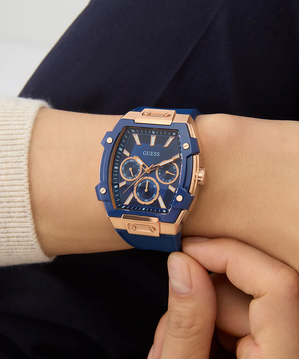 GUESS Mens Blue Rose Gold Tone Multi-function Watch