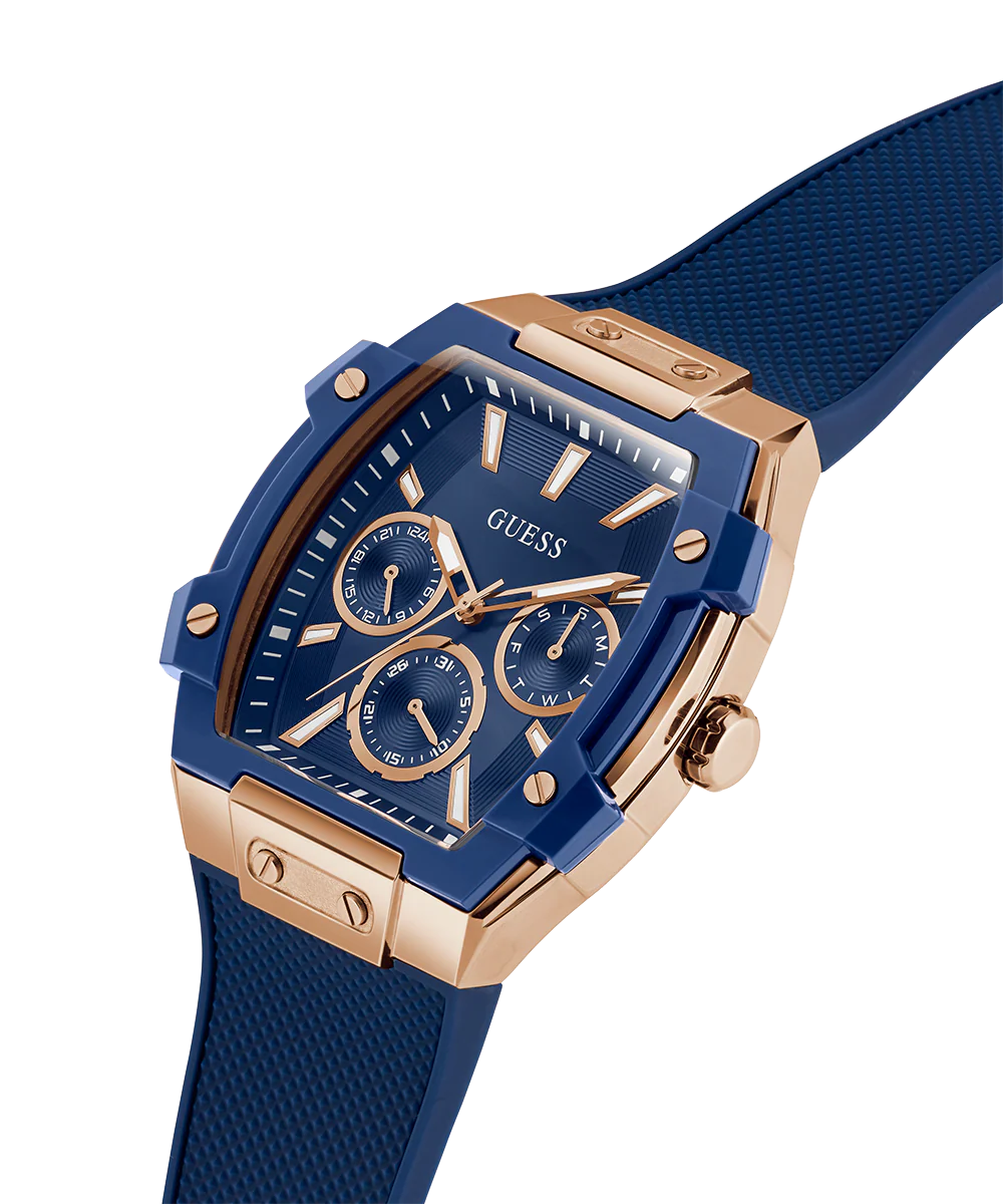 GUESS Mens Blue Rose Gold Tone Multi-function Watch