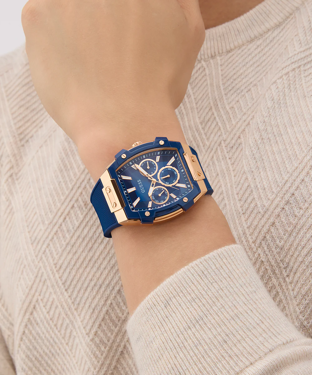GUESS Mens Blue Rose Gold Tone Multi-function Watch