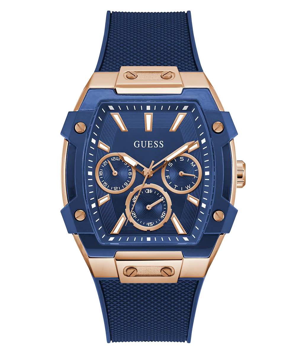 GUESS Mens Blue Rose Gold Tone Multi-function Watch