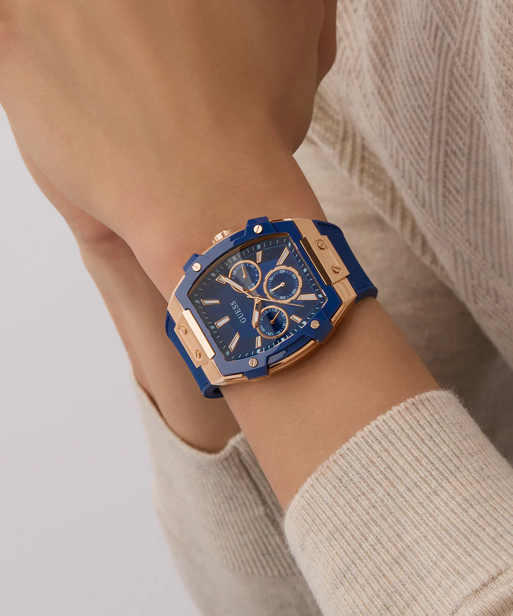GUESS Mens Blue Rose Gold Tone Multi-function Watch