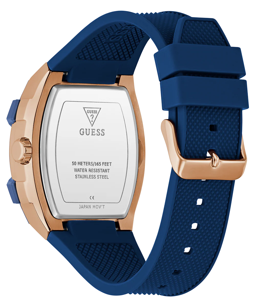 GUESS Mens Blue Rose Gold Tone Multi-function Watch