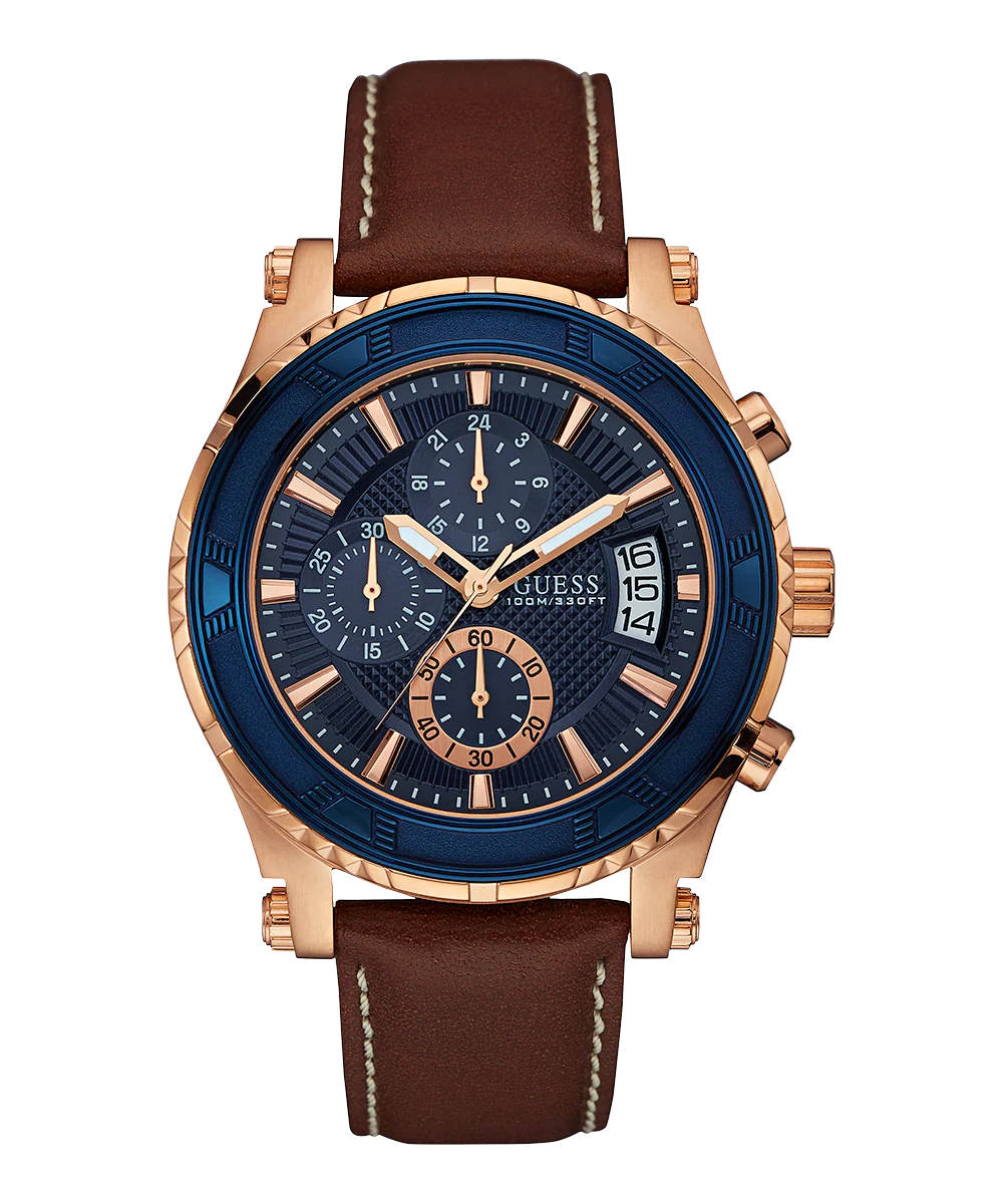 GUESS Mens Brown Rose Gold Tone Chronograph Watch