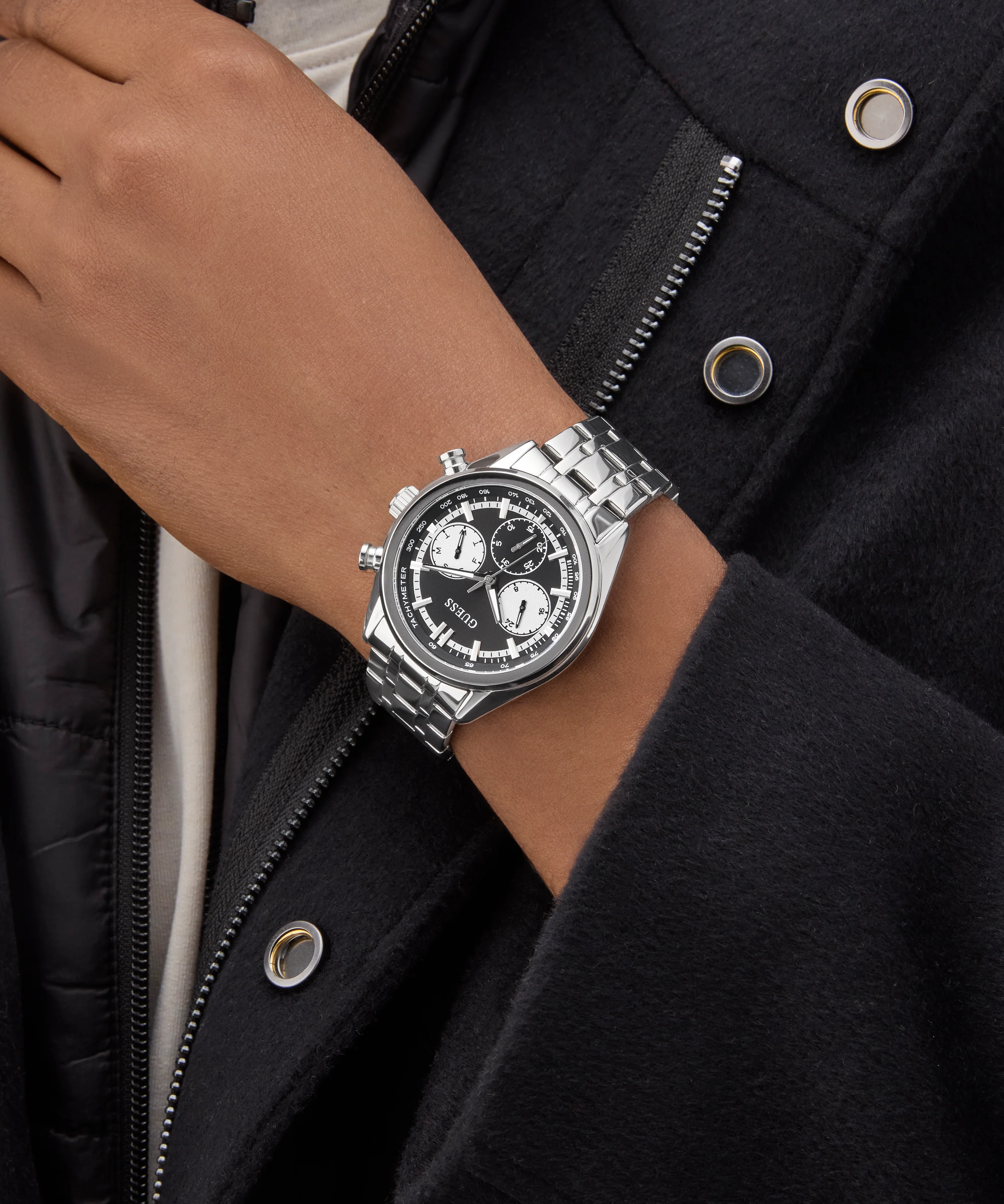 GUESS Mens Silver Tone Multi-function Watch