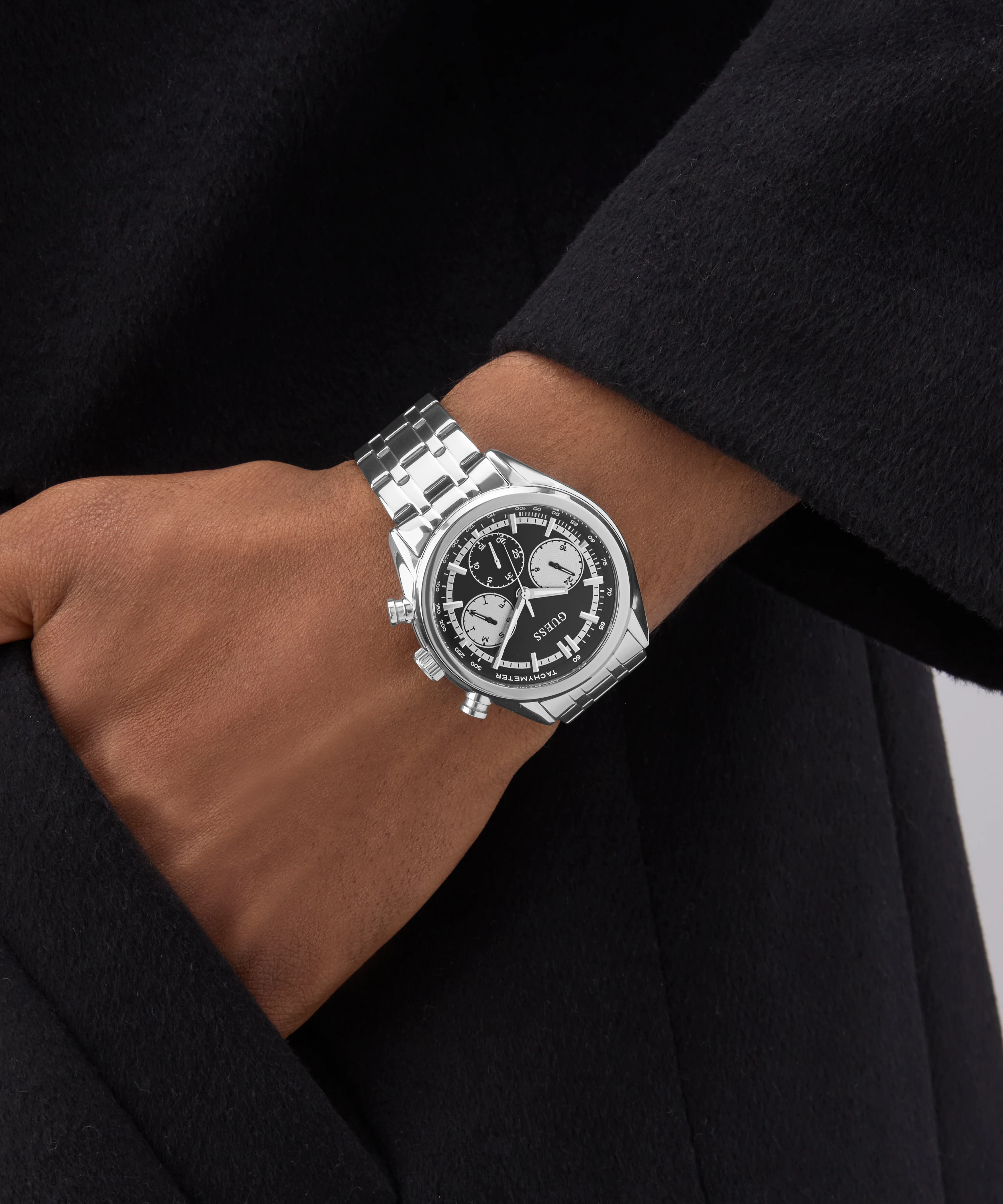 GUESS Mens Silver Tone Multi-function Watch