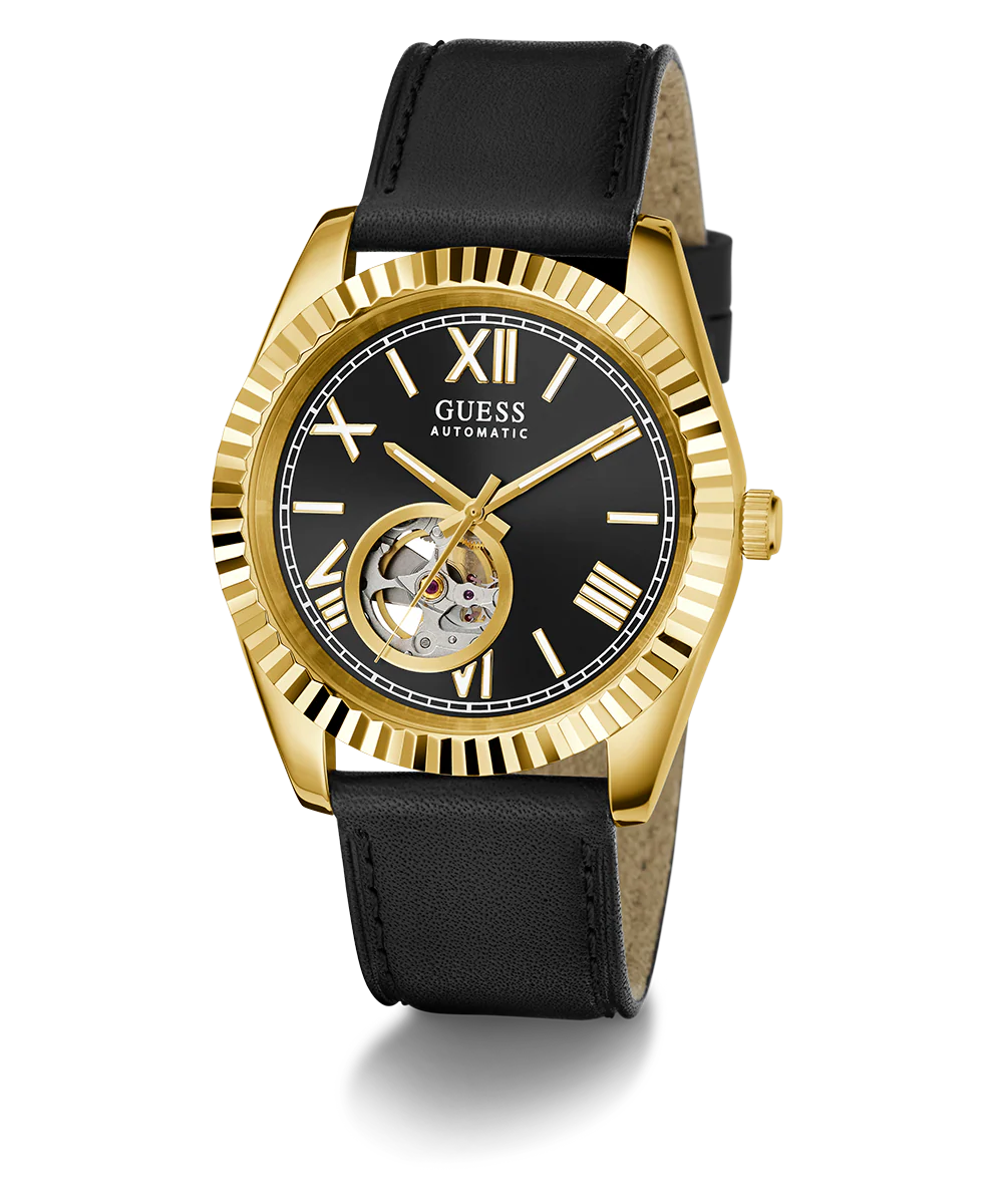 GUESS Mens Black Gold Tone Automatic Watch