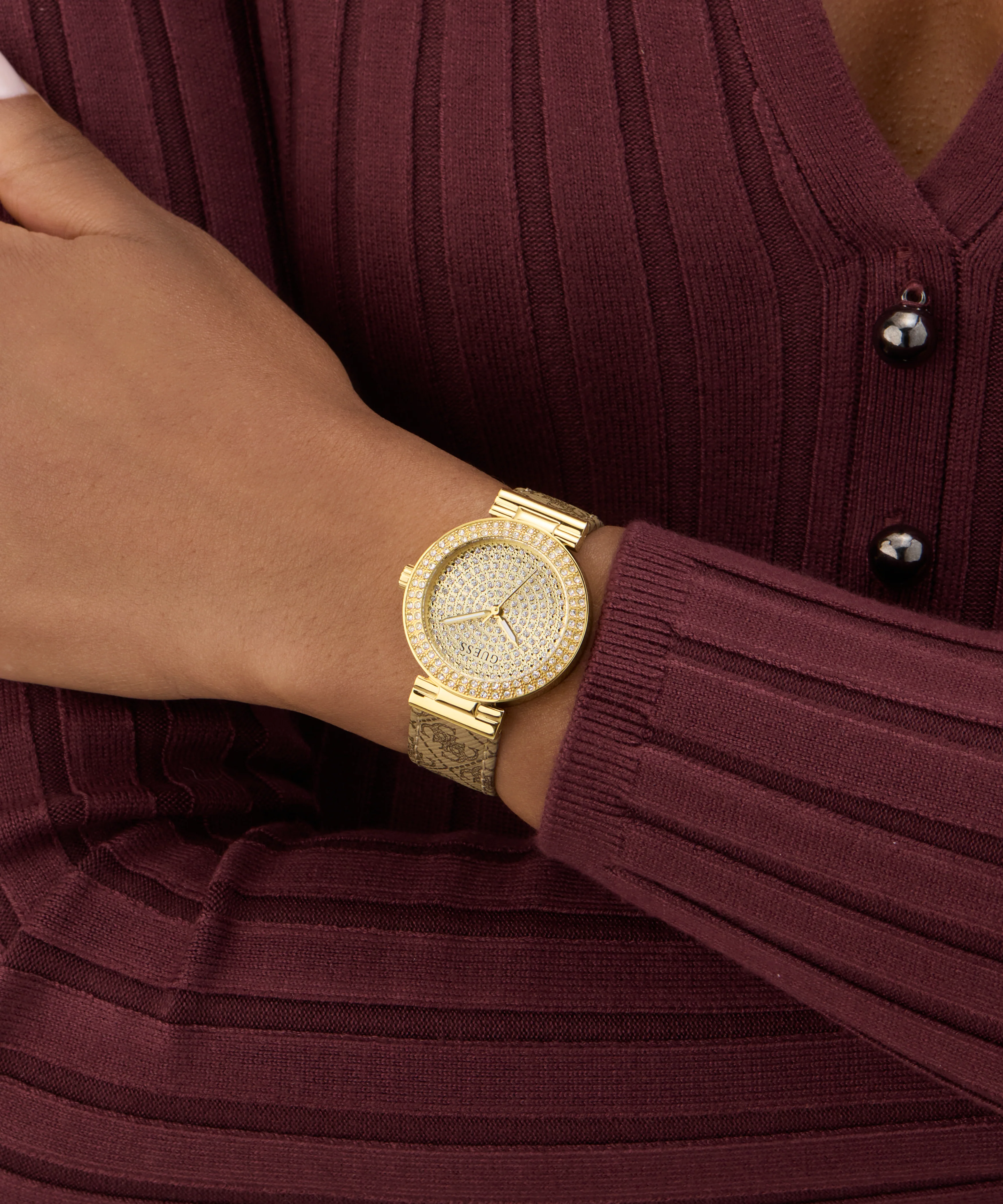 GUESS Ladies Beige Gold Tone Analog Watch