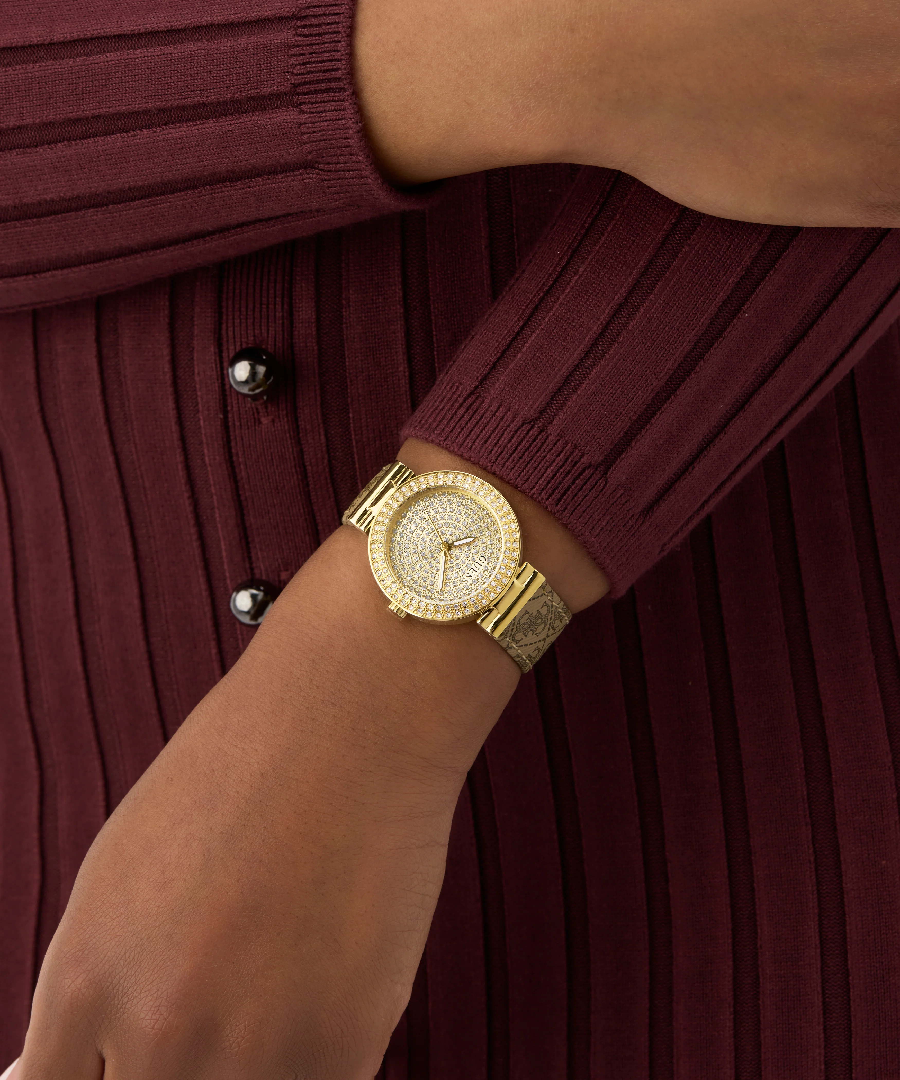GUESS Ladies Beige Gold Tone Analog Watch