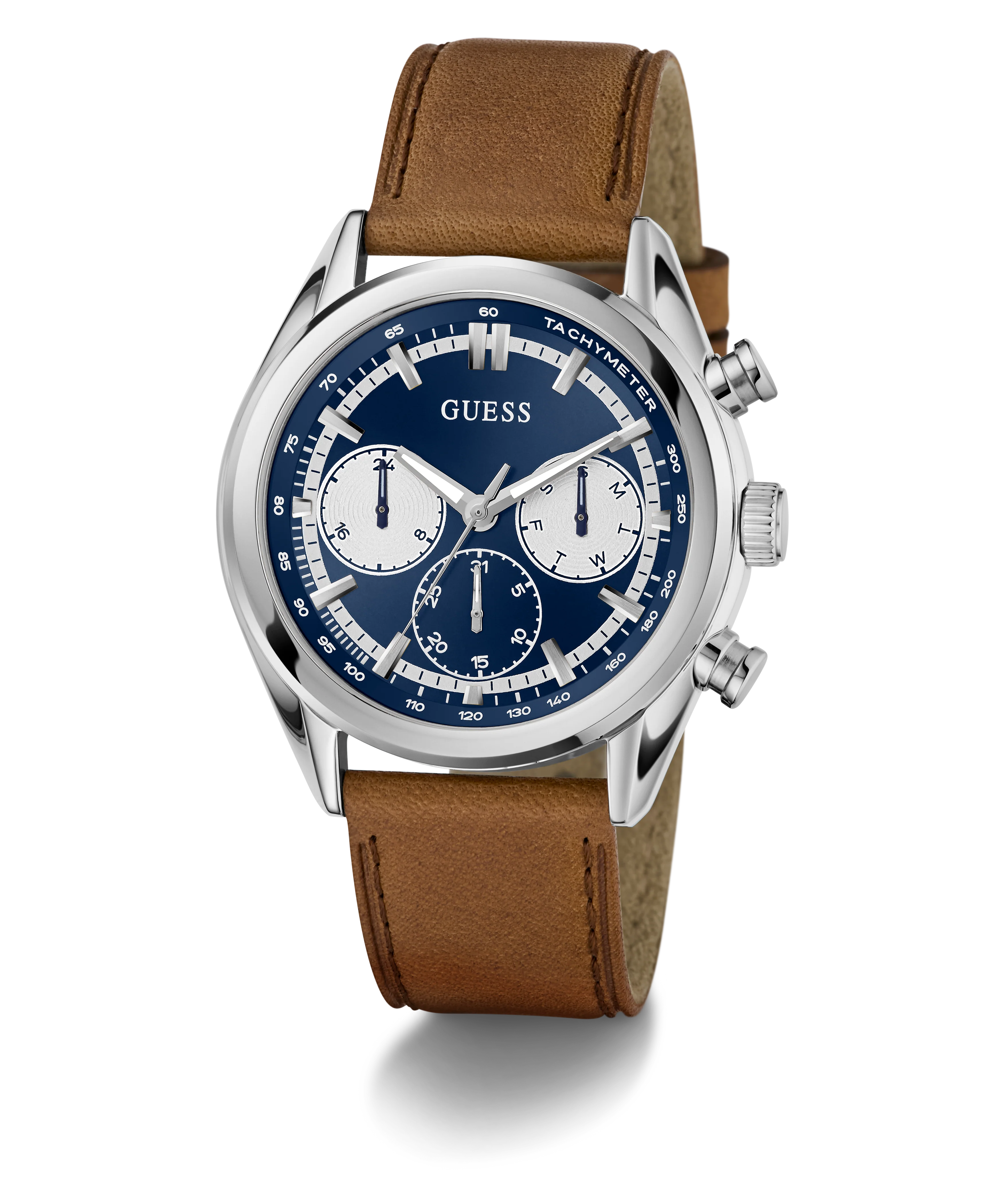 GUESS Mens Brown Silver Tone Multi-function Watch