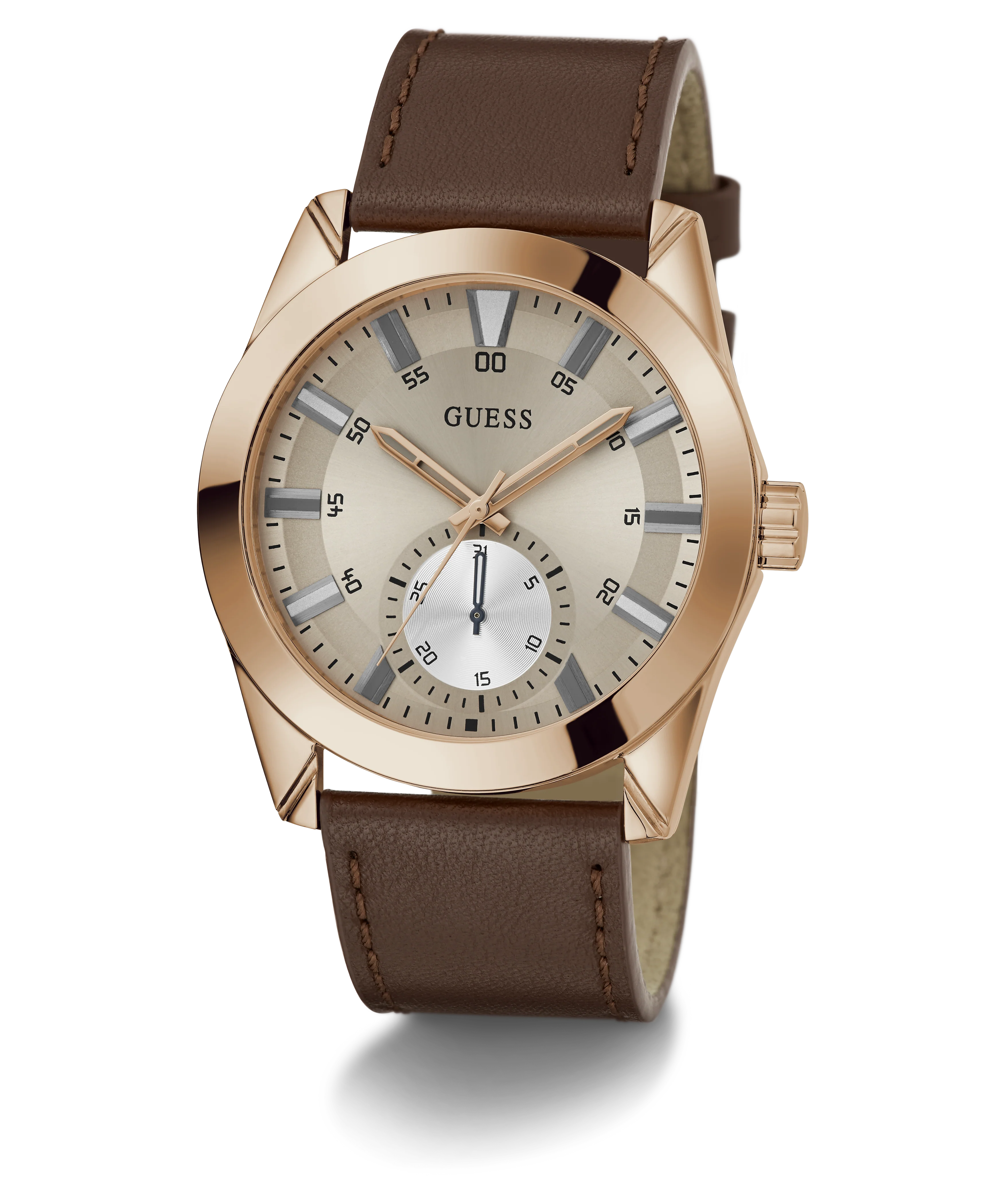 GUESS Mens Brown Rose Gold Tone Multi-function Watch