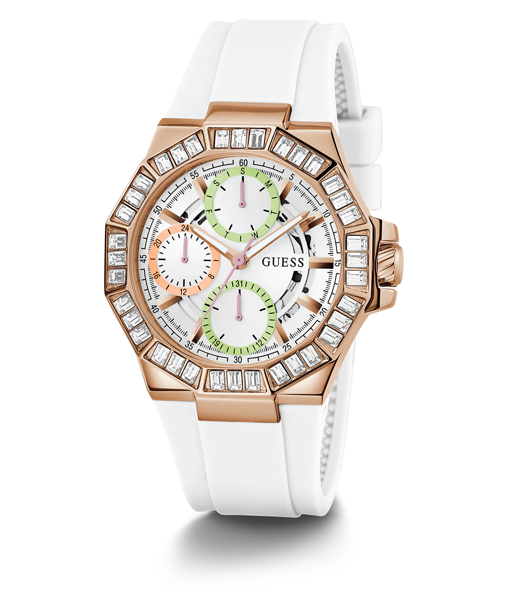 GUESS Ladies White Rose Gold Tone Multi-function Watch