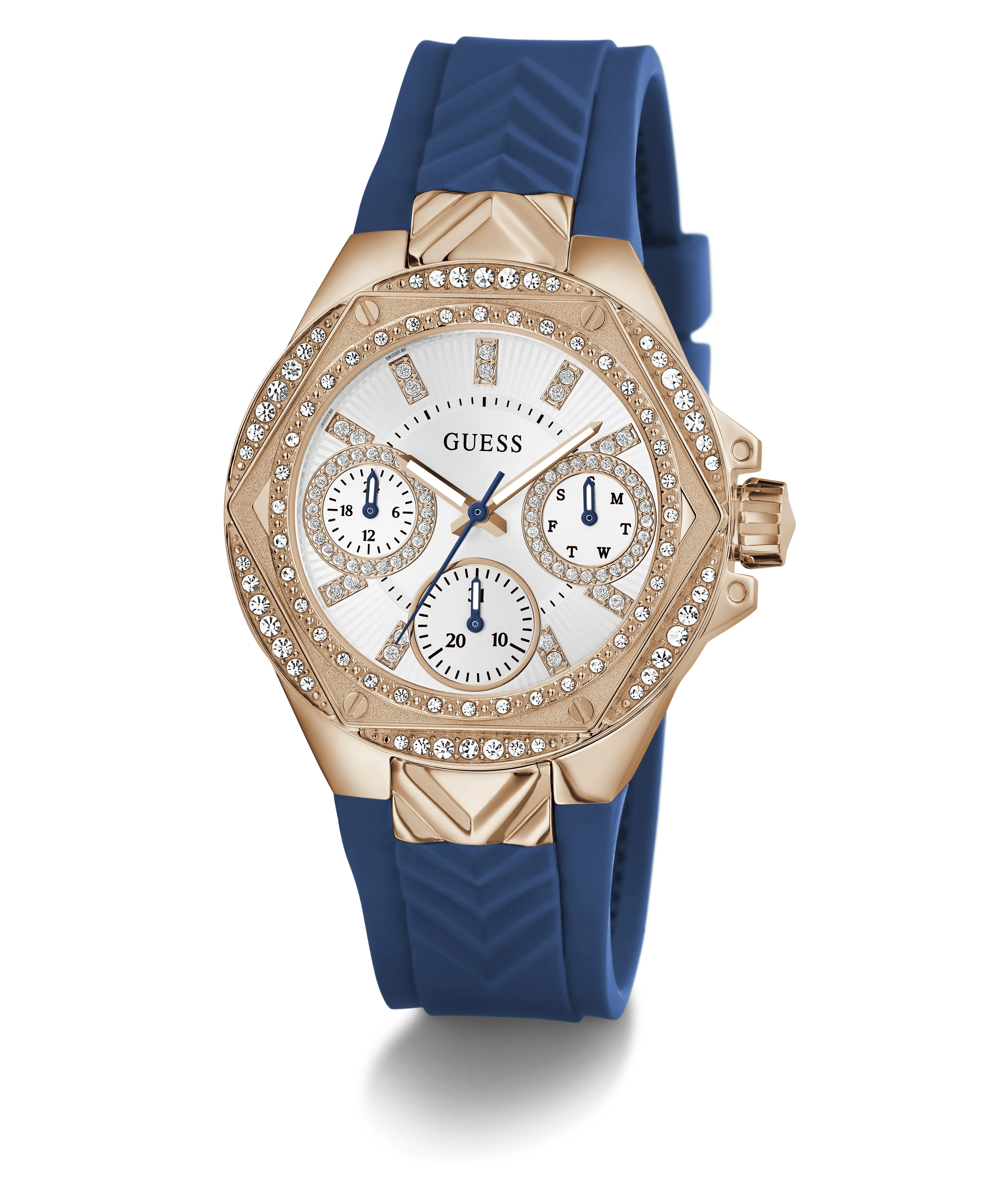 GUESS Ladies Blue Rose Gold Tone Multi-function Watch