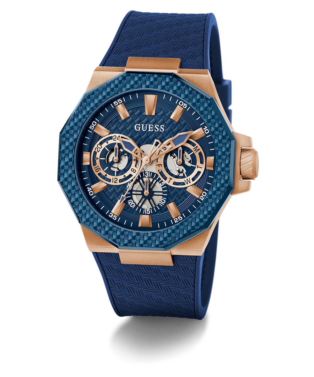 GUESS Mens Blue Rose Gold Tone Multi-function Watch