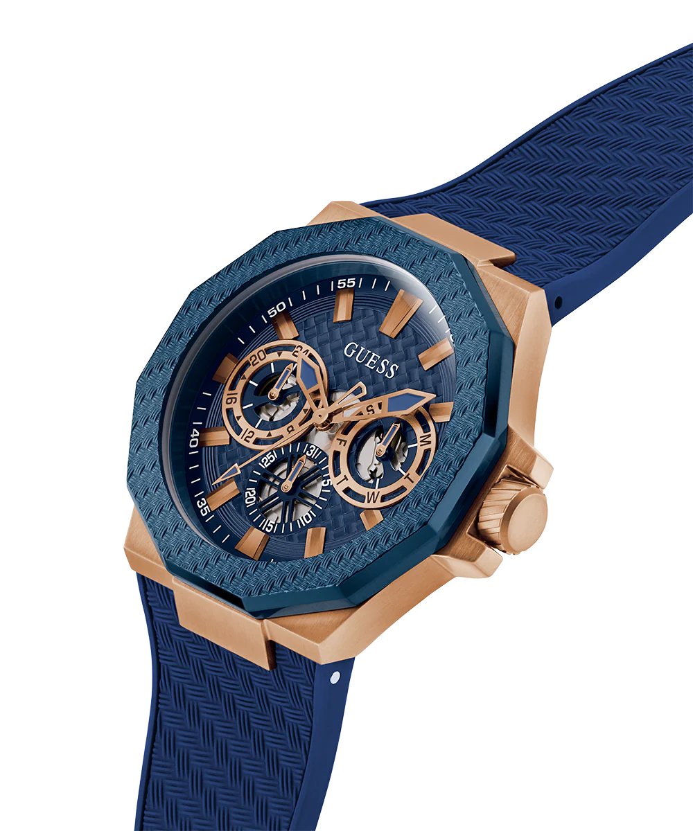 GUESS Mens Blue Rose Gold Tone Multi-function Watch