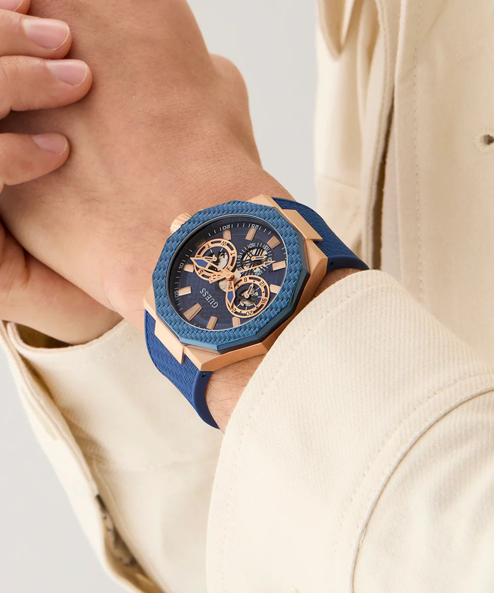 GUESS Mens Blue Rose Gold Tone Multi-function Watch