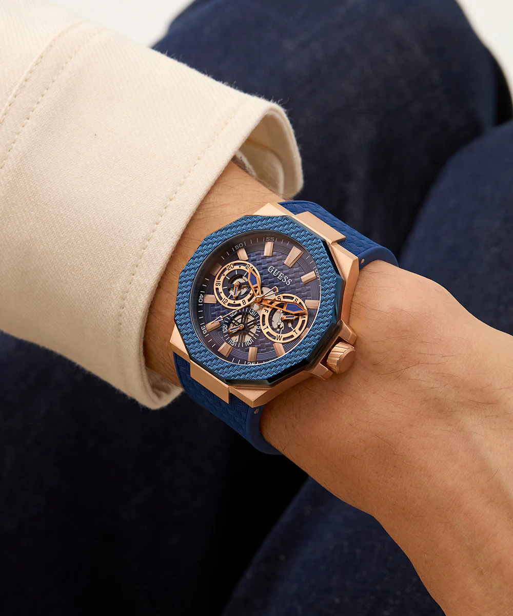GUESS Mens Blue Rose Gold Tone Multi-function Watch