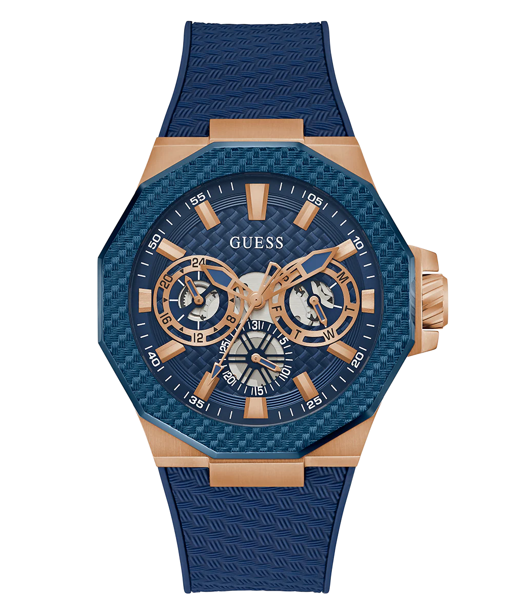 GUESS Mens Blue Rose Gold Tone Multi-function Watch