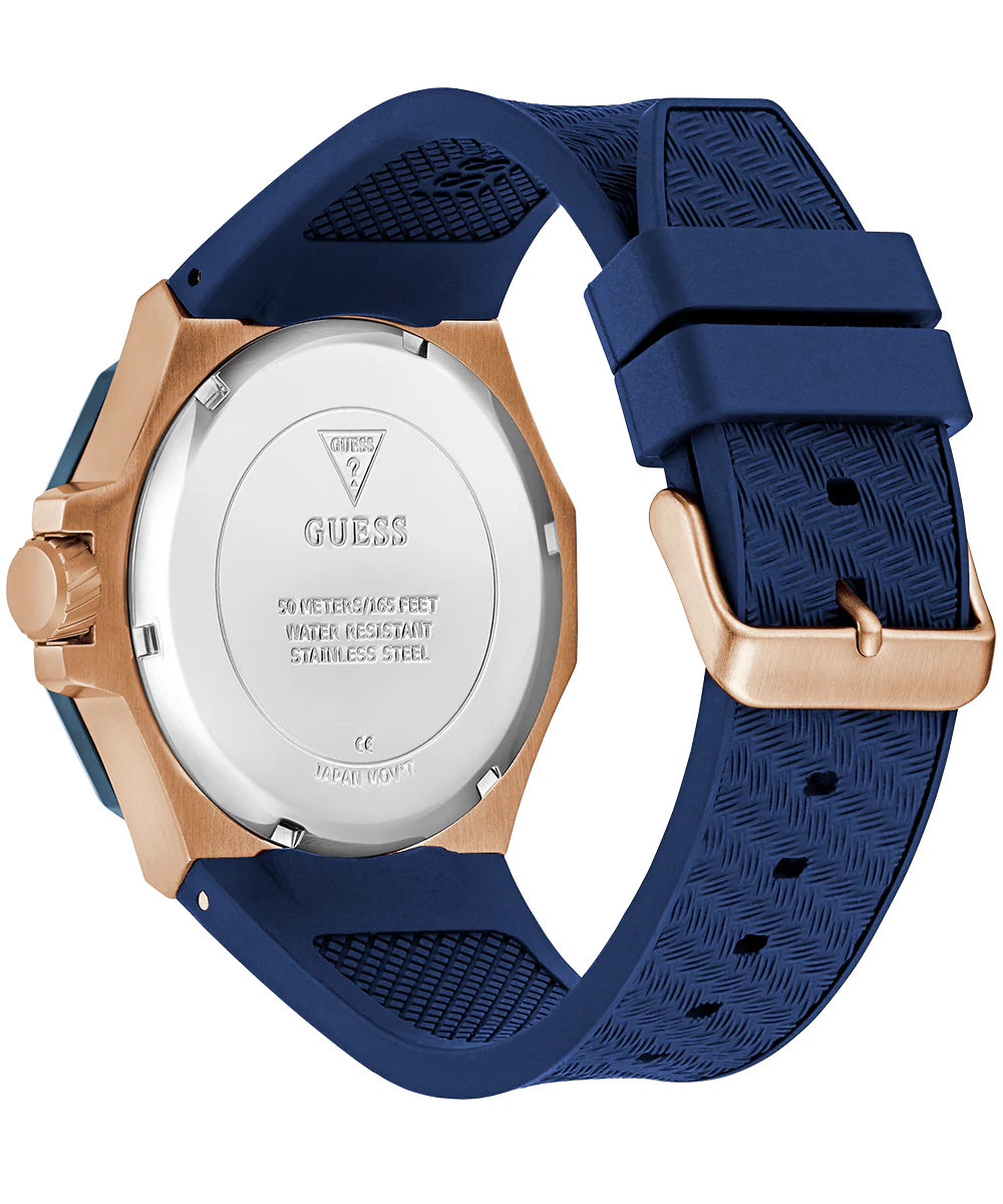 GUESS Mens Blue Rose Gold Tone Multi-function Watch
