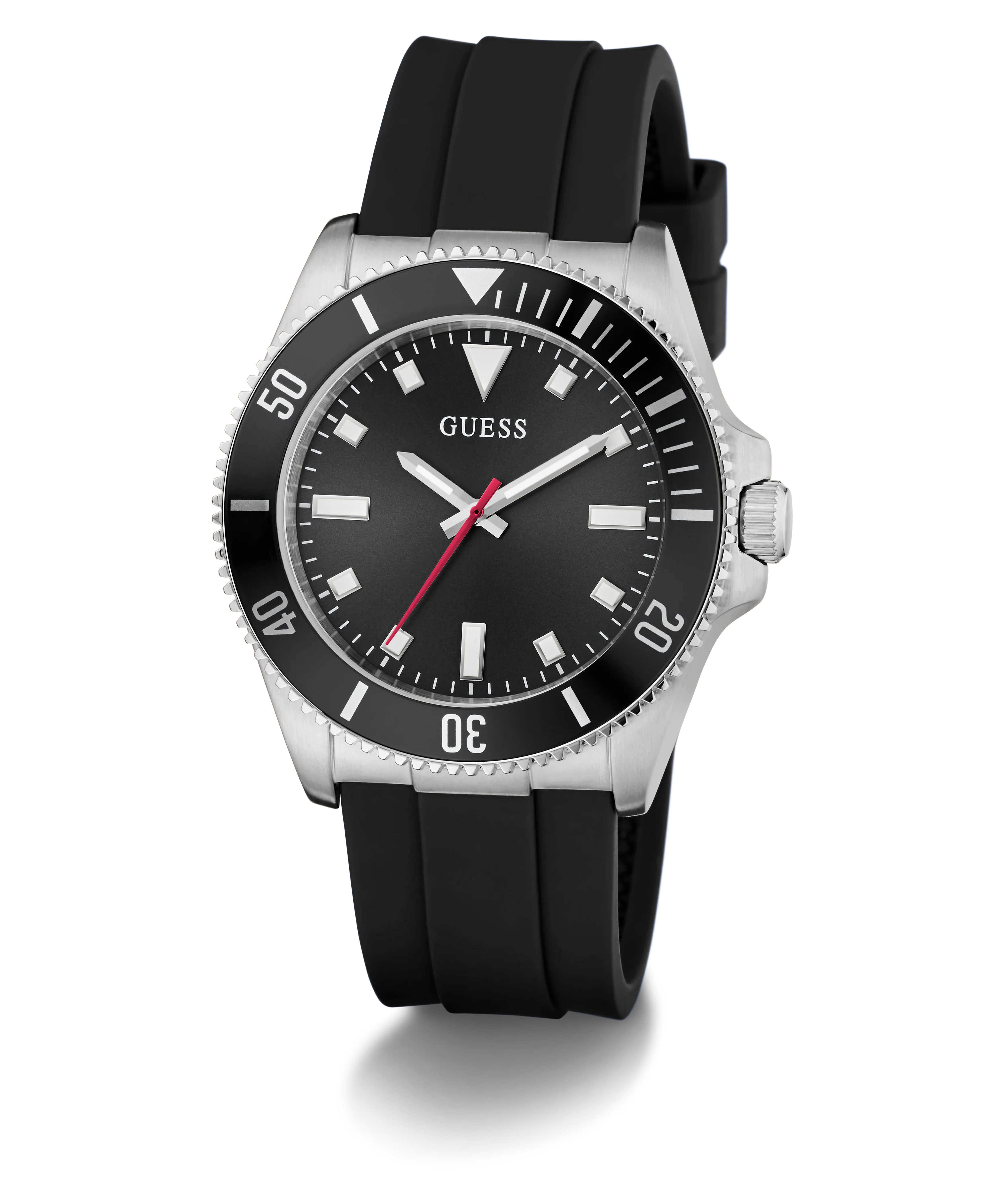 GUESS Mens Black Silver Tone Analog Watch