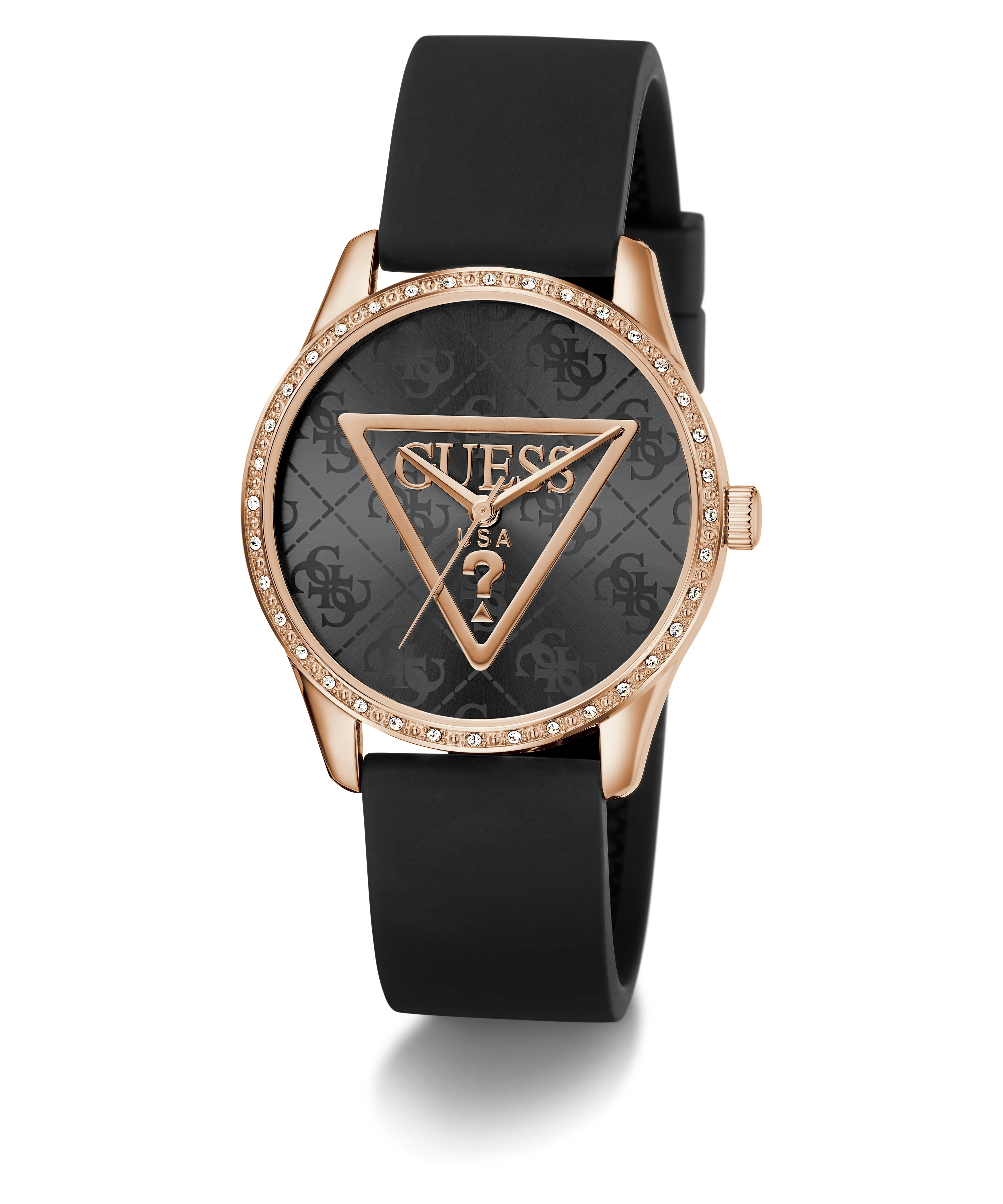 GUESS Ladies Black Rose Gold Tone Analog Watch