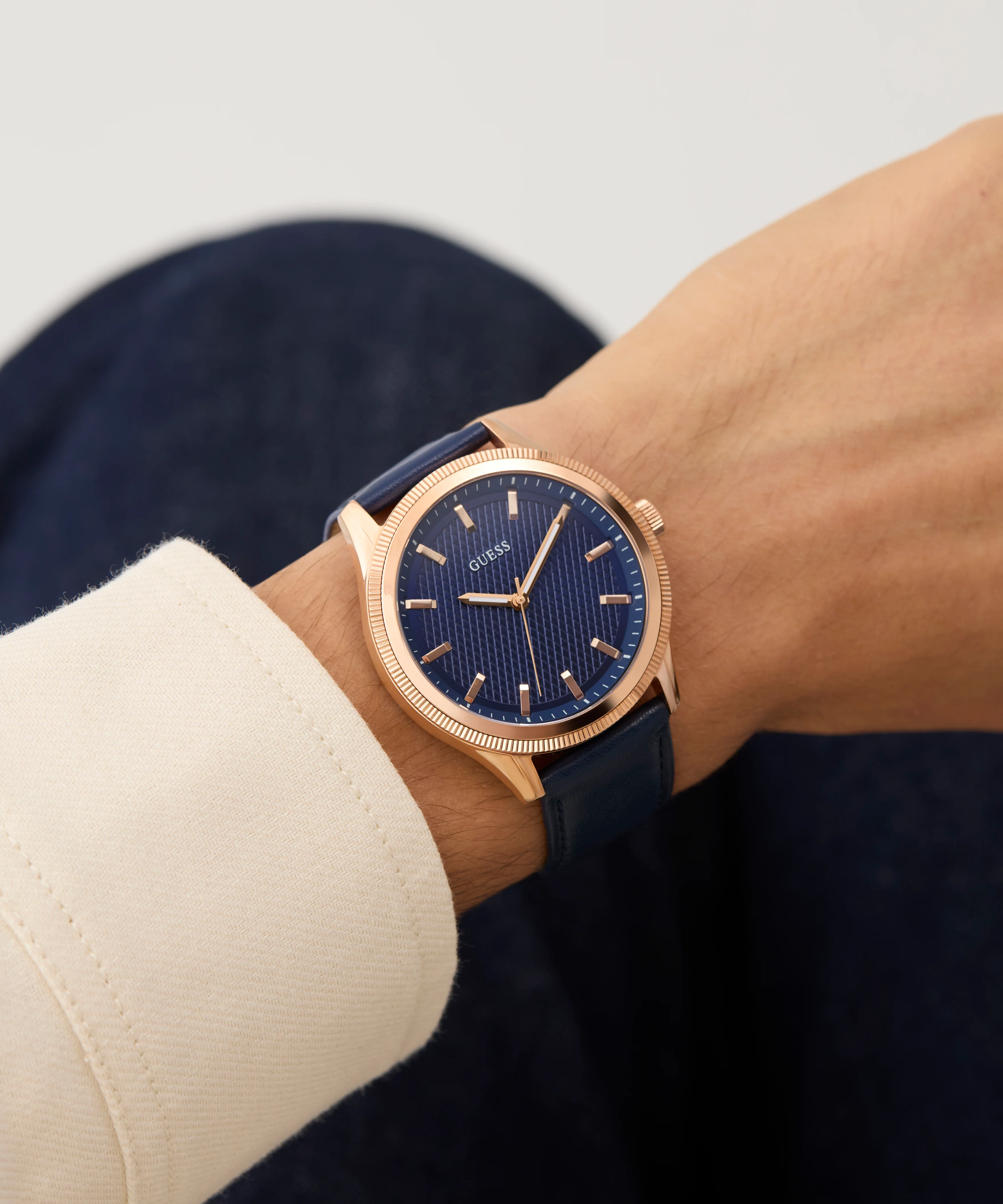 GUESS Mens Navy Rose Gold Tone Analog Watch