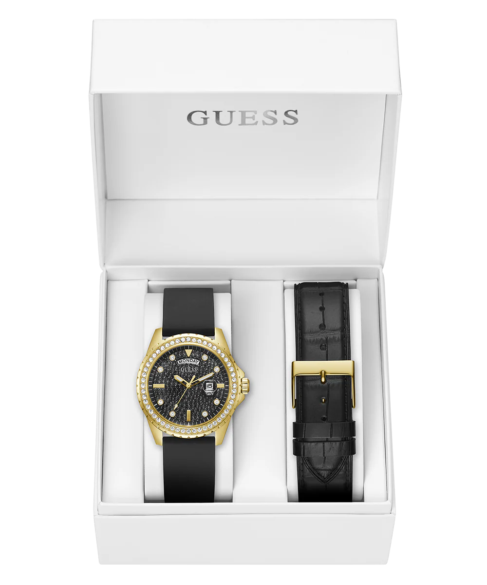 GUESS Mens Black Gold Tone Day/Date Watch Gift Set