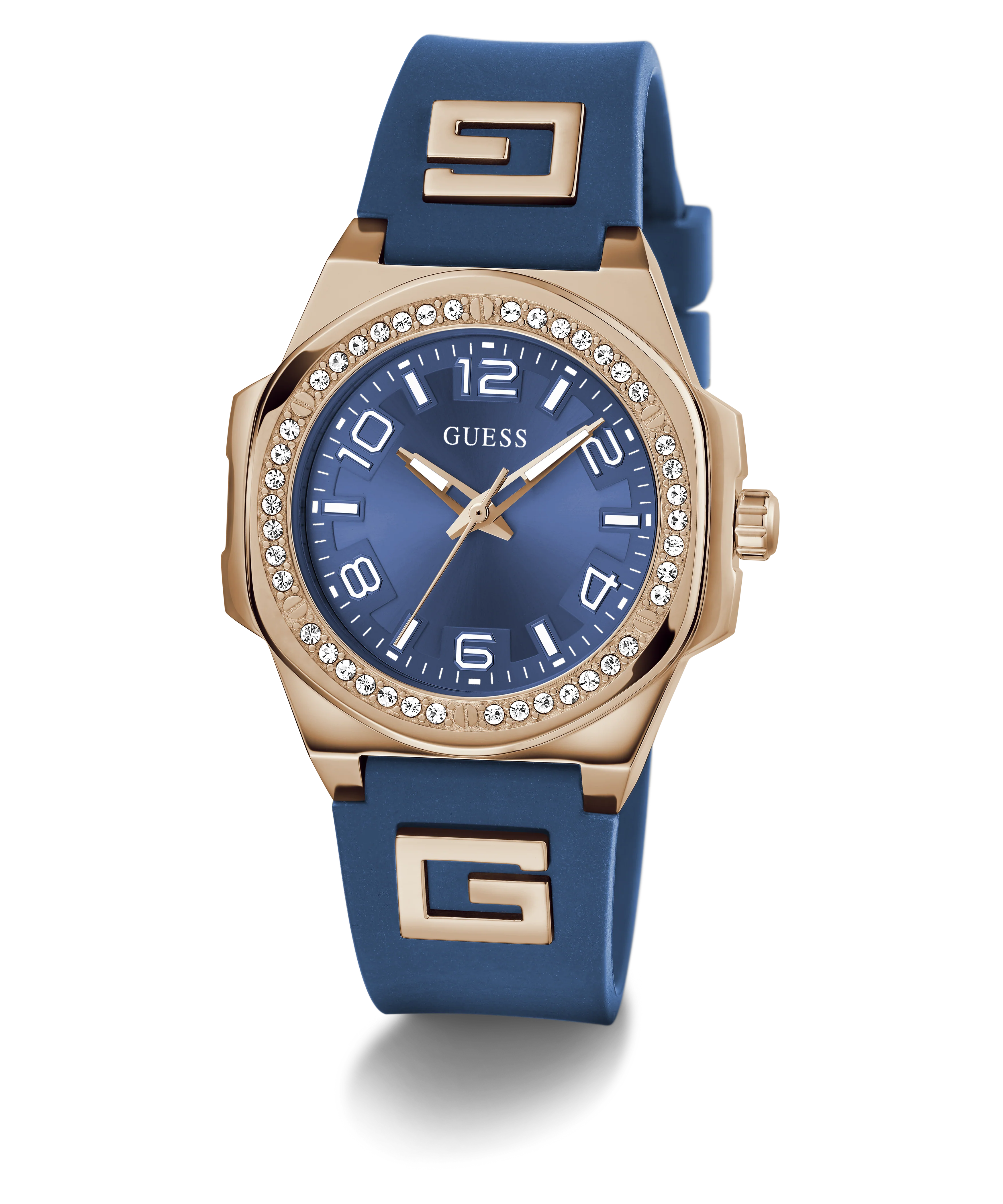 GUESS Ladies Blue Rose Gold Tone Analog Watch