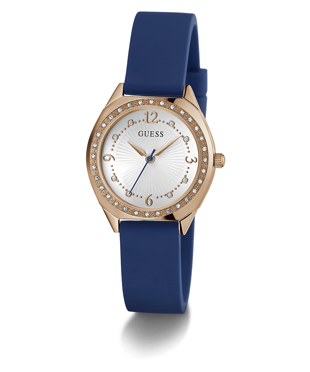 GUESS Ladies Blue Rose Gold Tone Analog Watch