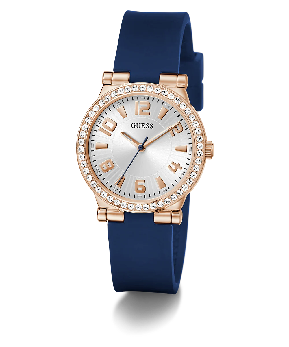 GUESS Ladies Blue Rose Gold Tone Analog Watch