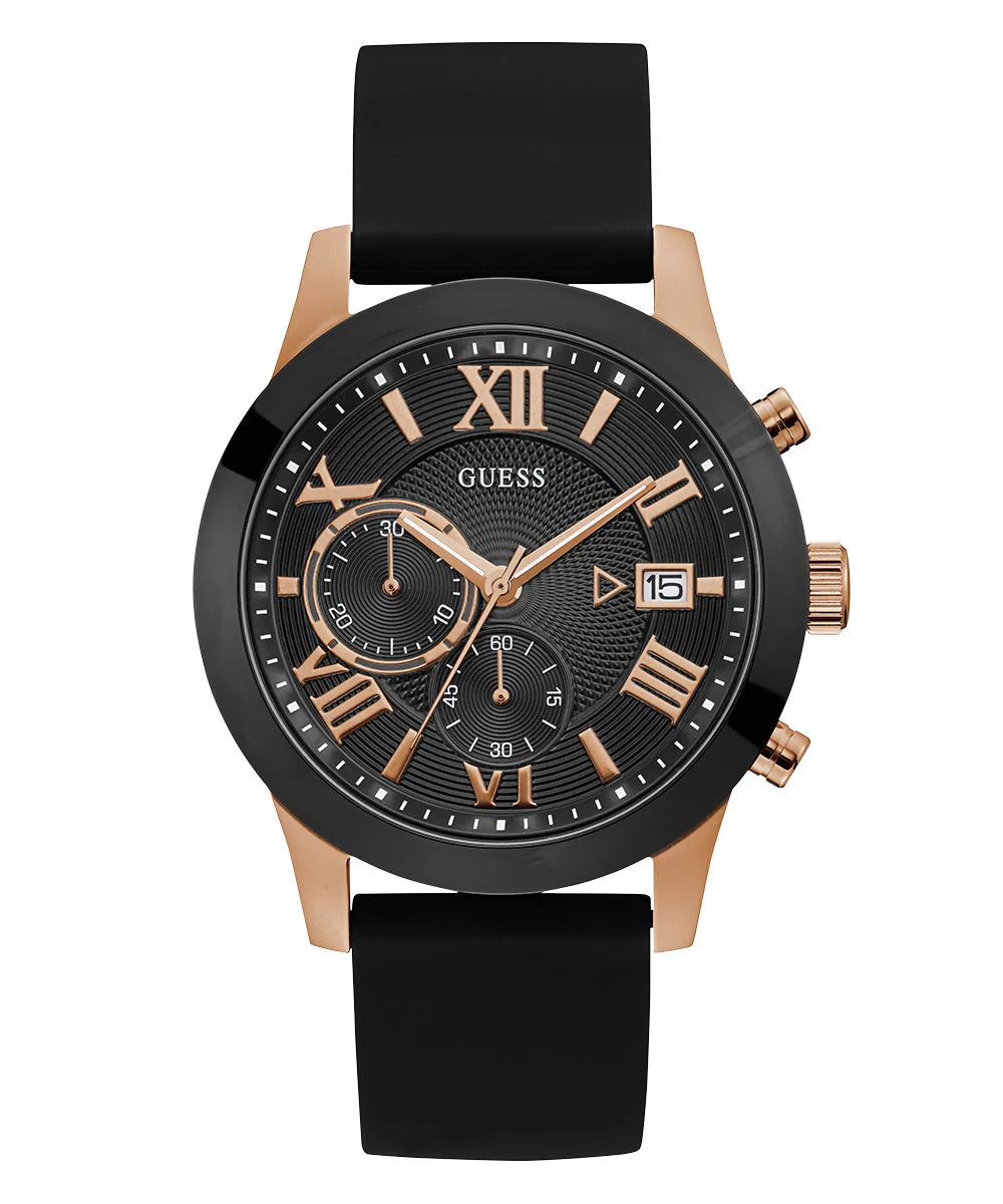 GUESS Mens Black Rose Gold Tone Chronograph Watch
