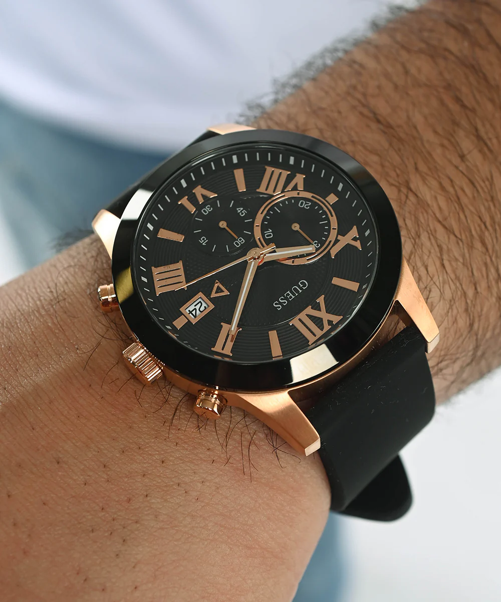 GUESS Mens Black Rose Gold Tone Chronograph Watch