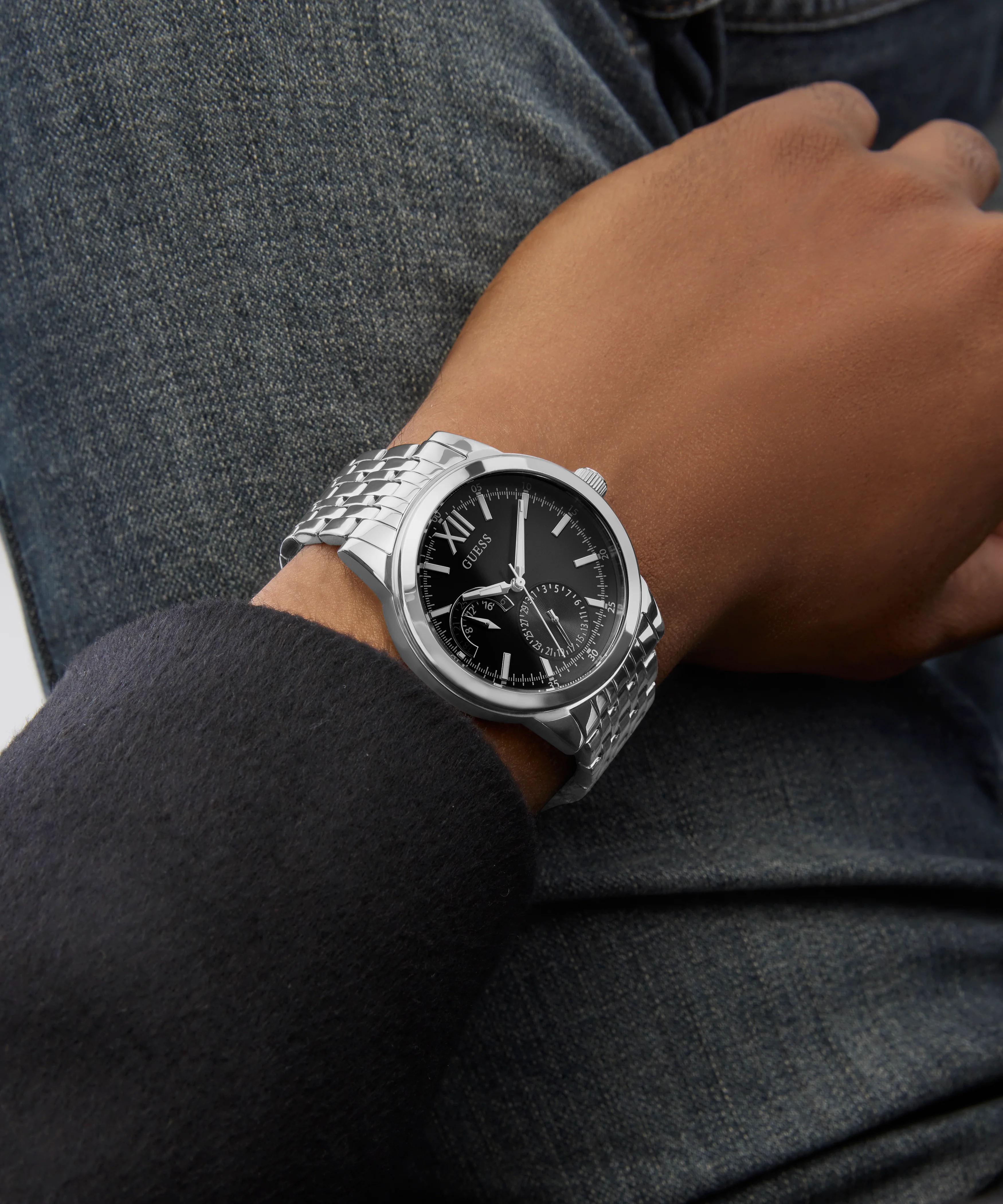 GUESS Mens Silver Tone Multi-function Watch