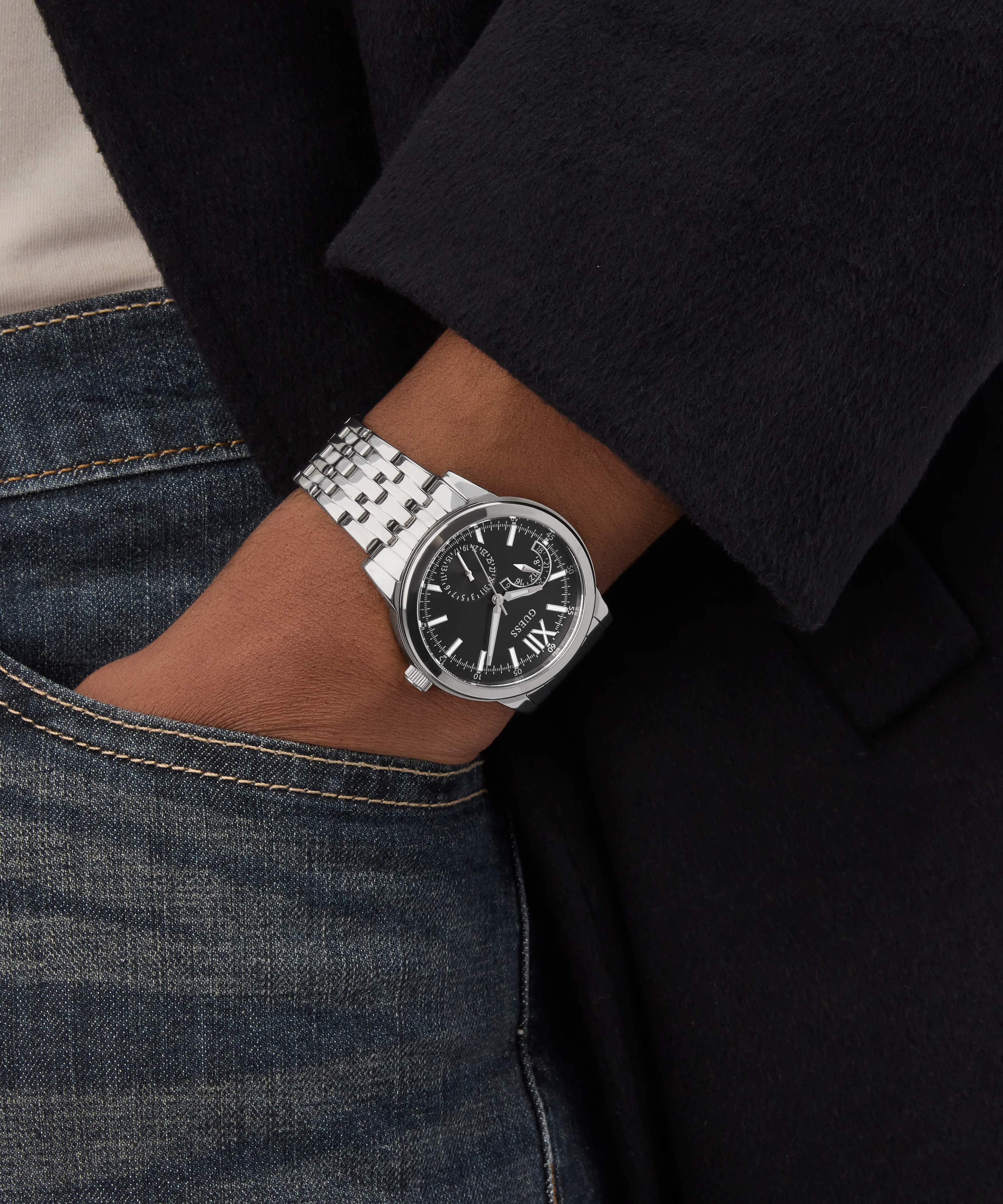 GUESS Mens Silver Tone Multi-function Watch