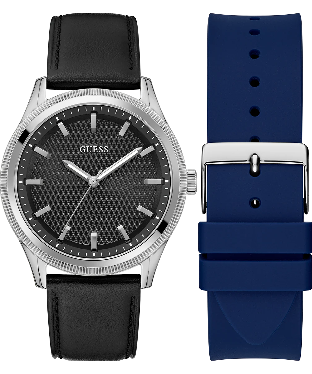 GUESS Mens Black Silver Tone Analog Watch Gift Set