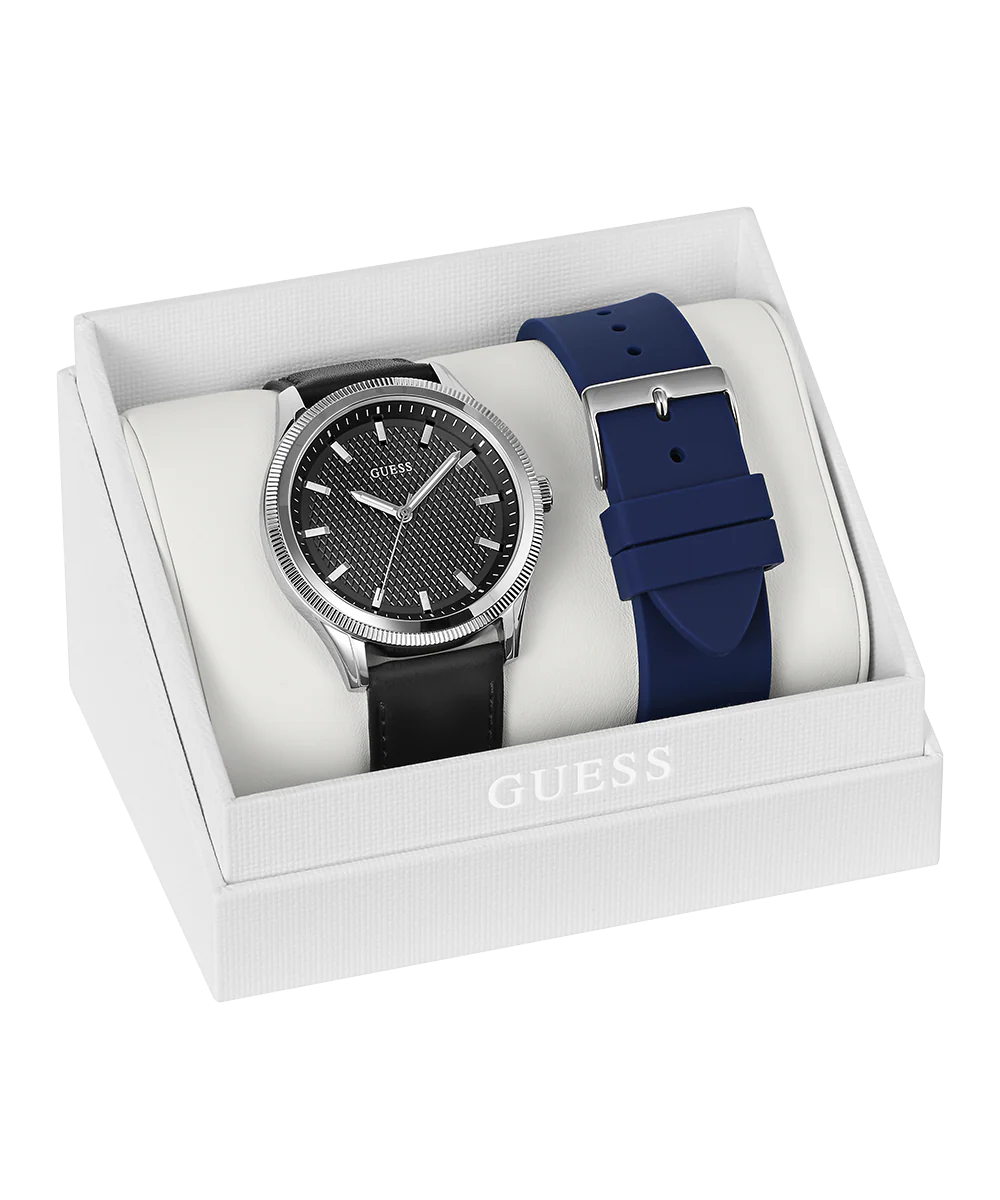 GUESS Mens Black Silver Tone Analog Watch Gift Set