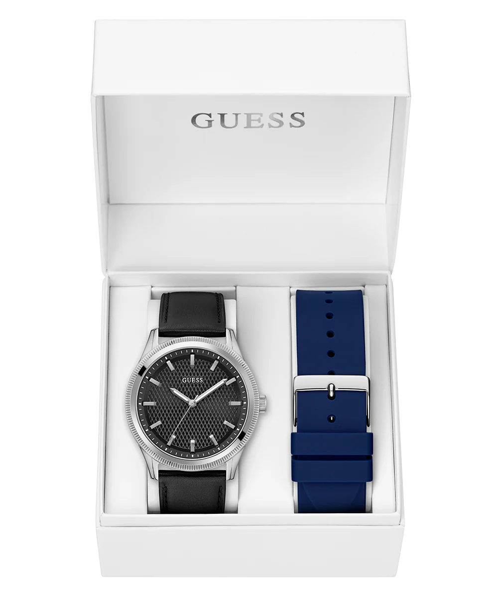 GUESS Mens Black Silver Tone Analog Watch Gift Set
