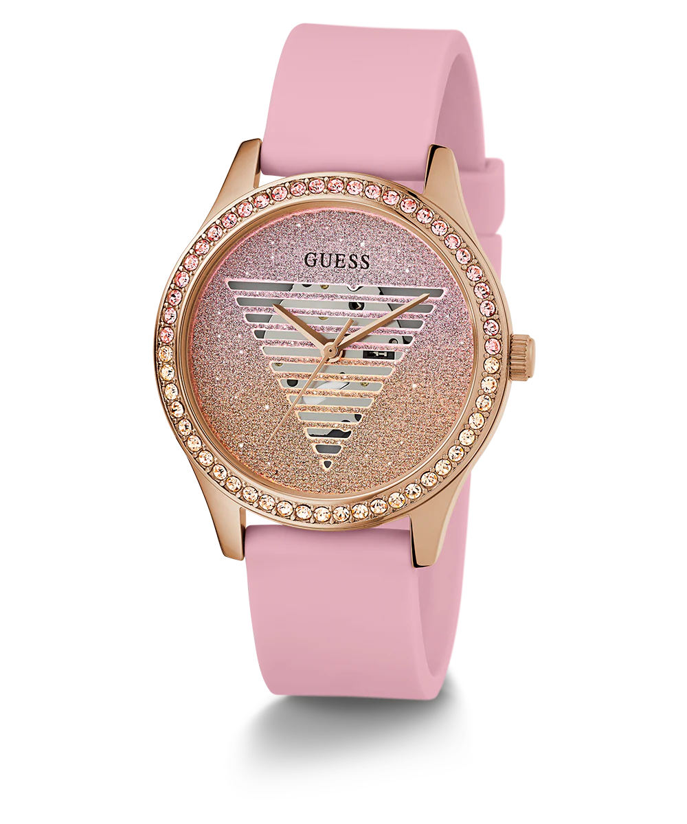 GUESS Ladies Pink Rose Gold Tone Analog Watch