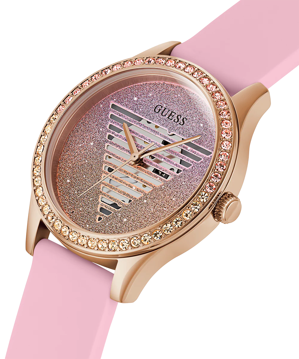 GUESS Ladies Pink Rose Gold Tone Analog Watch