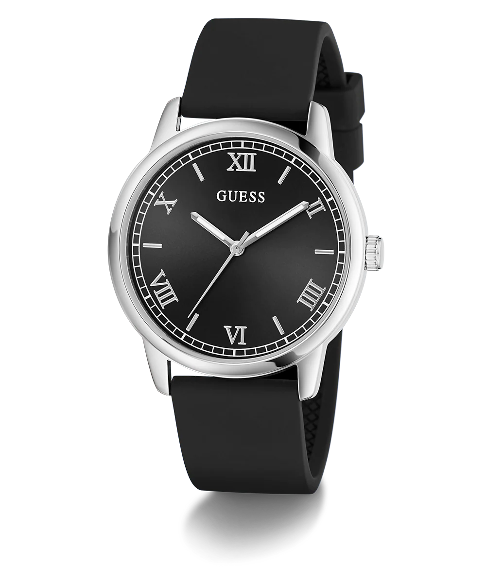 GUESS Mens Black Silver Tone Analog Watch