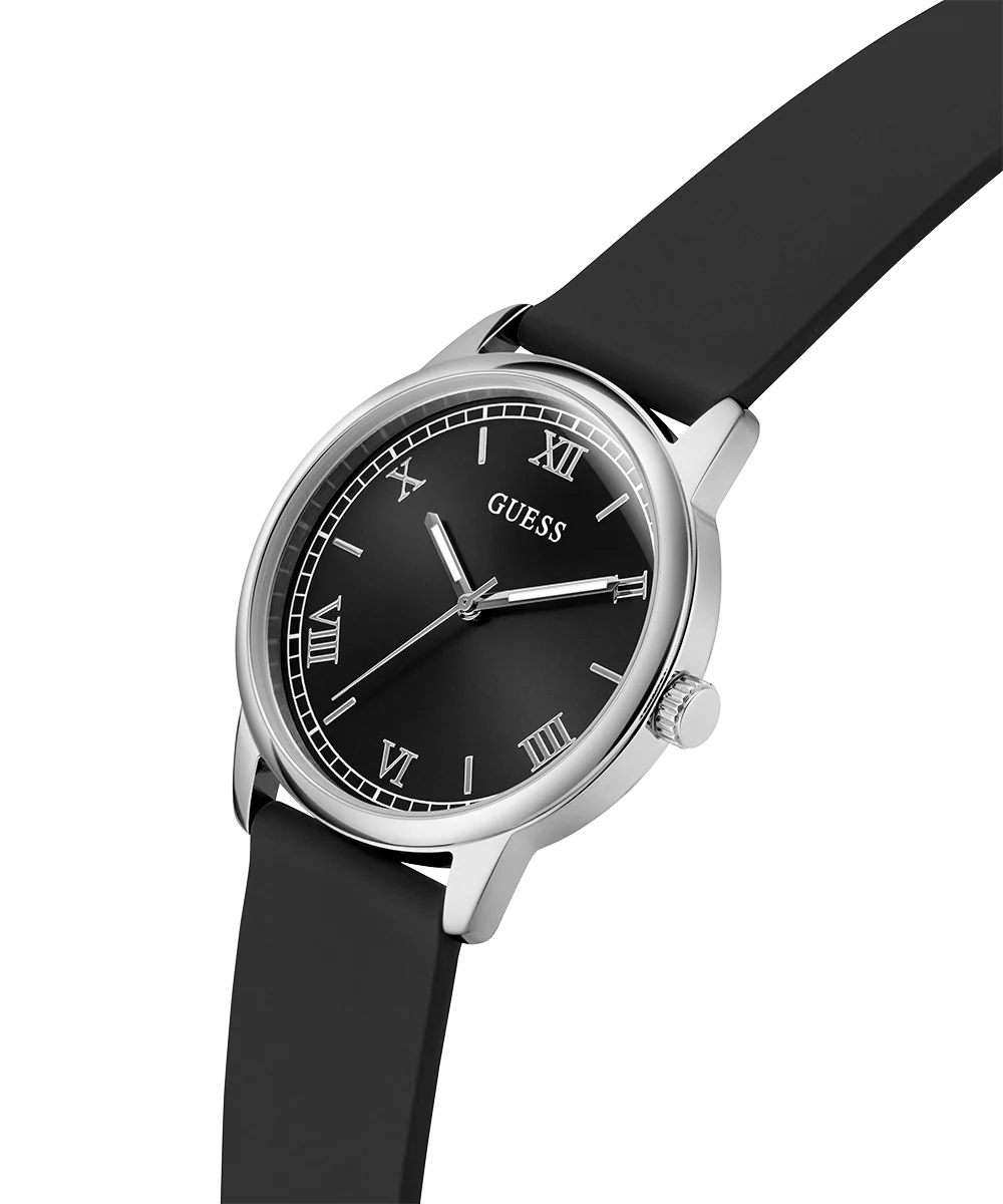GUESS Mens Black Silver Tone Analog Watch