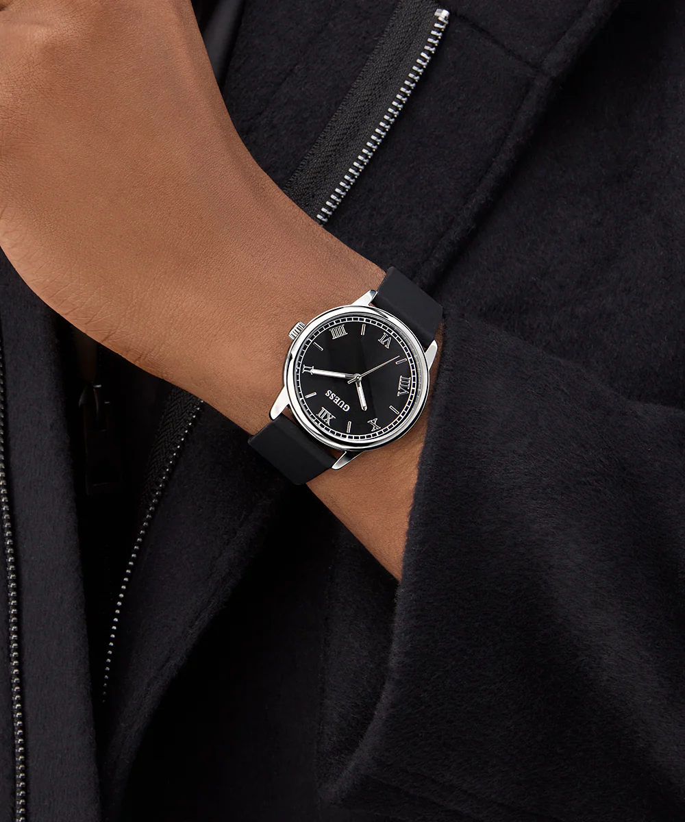 GUESS Mens Black Silver Tone Analog Watch