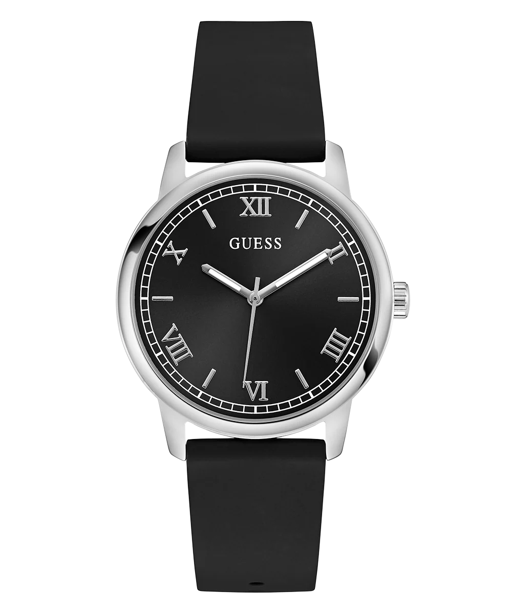 GUESS Mens Black Silver Tone Analog Watch
