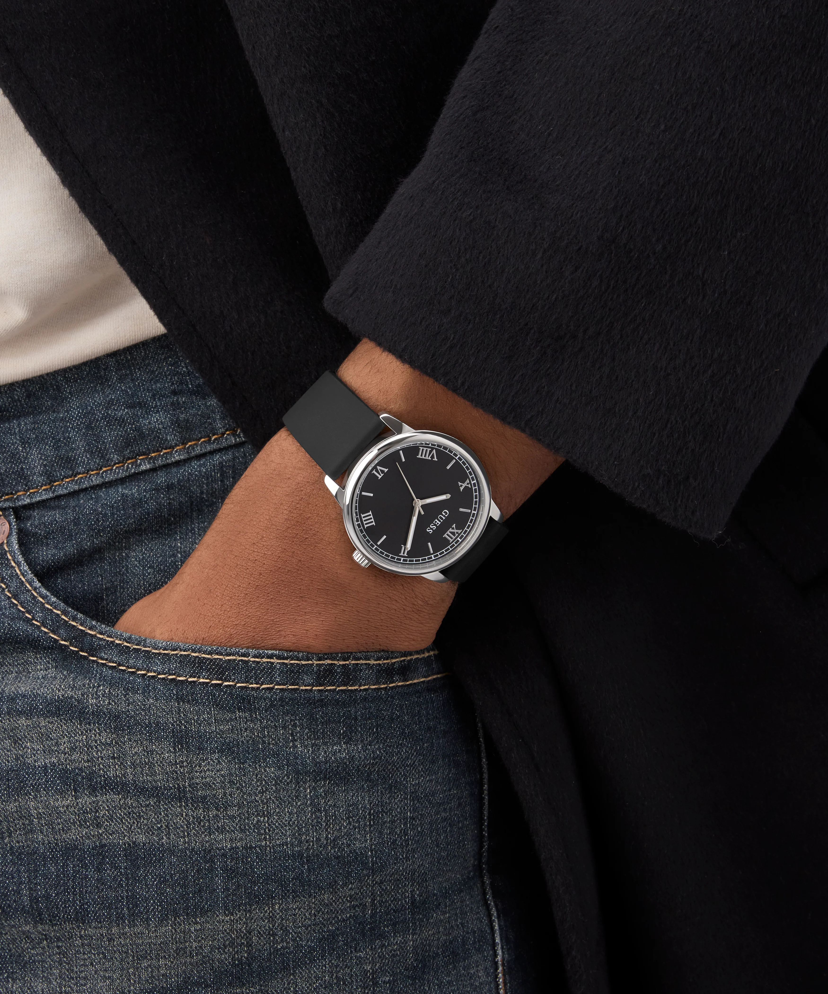 GUESS Mens Black Silver Tone Analog Watch