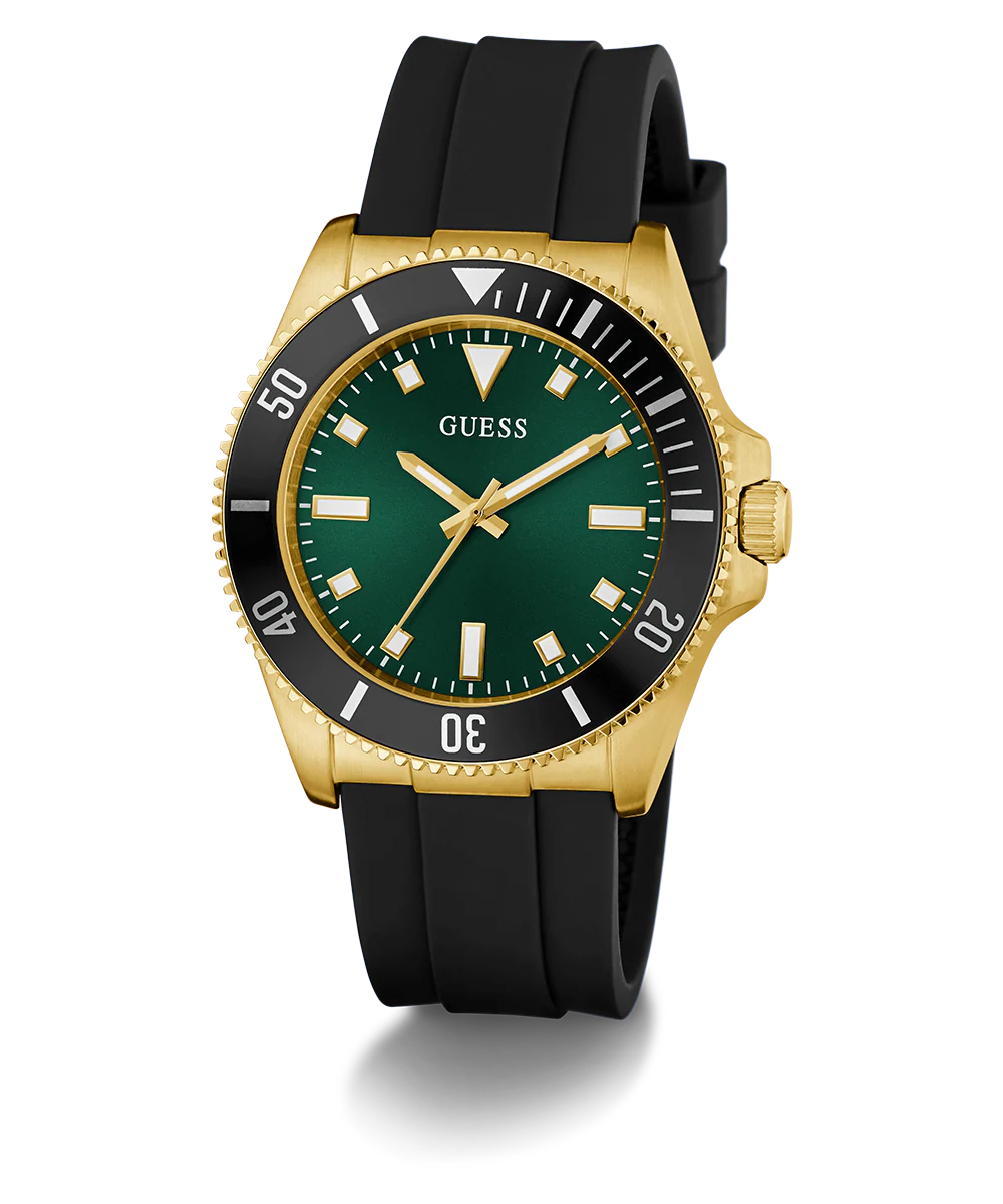 GUESS Mens Black Gold Tone Analog Watch
