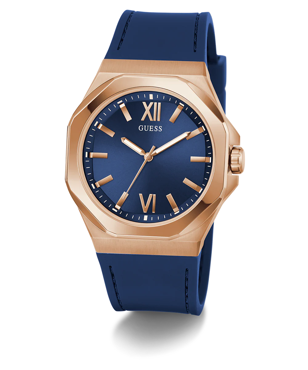 GUESS Mens Blue Rose Gold Tone Analog Watch