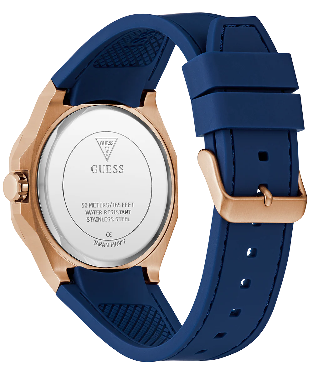 GUESS Mens Blue Rose Gold Tone Analog Watch