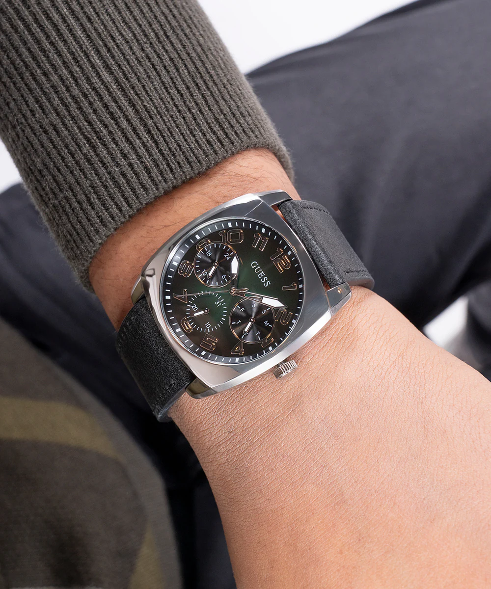 GUESS Mens Black Silver Tone Multi-function Watch