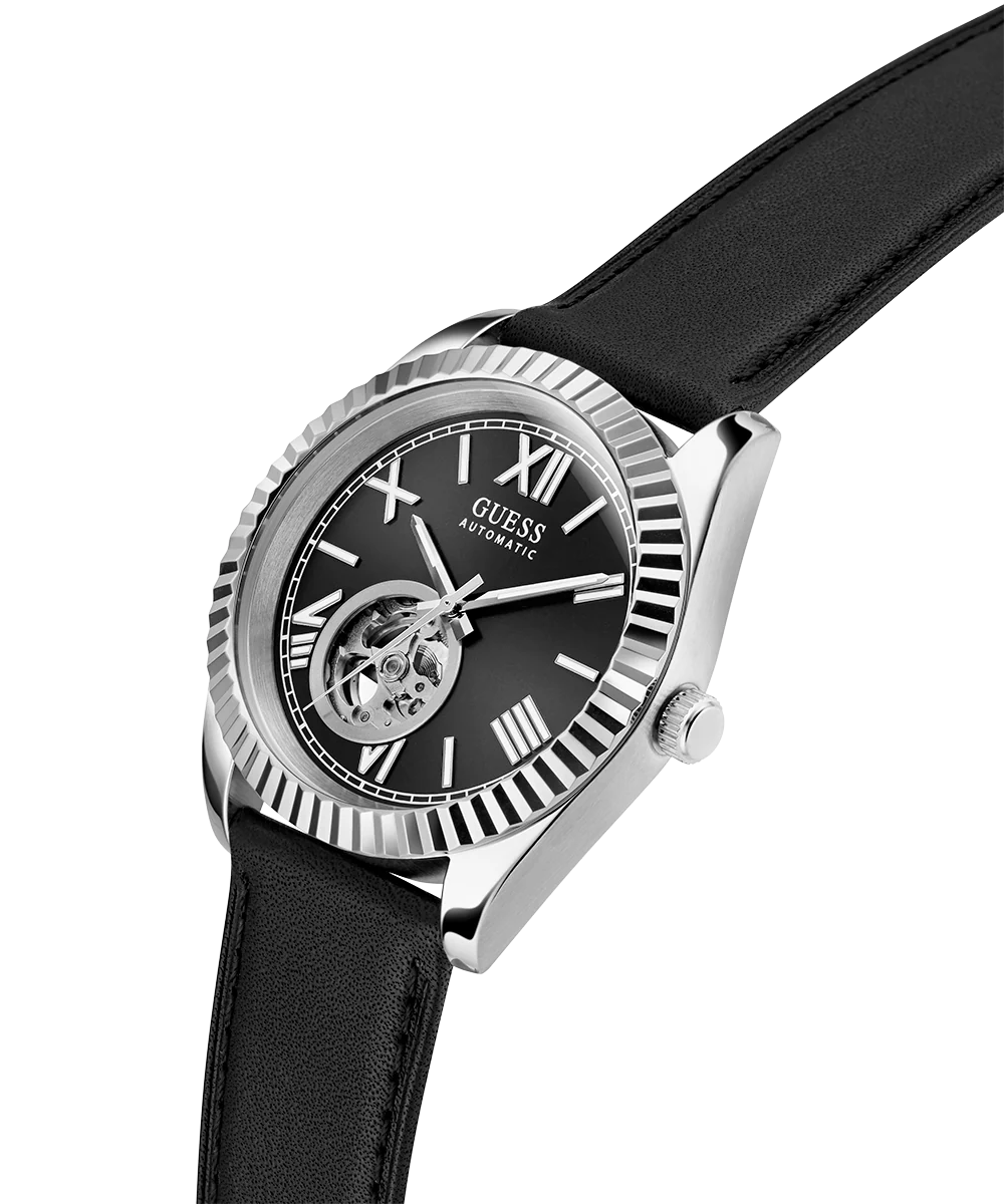 GUESS Mens Black Silver Tone Automatic Watch